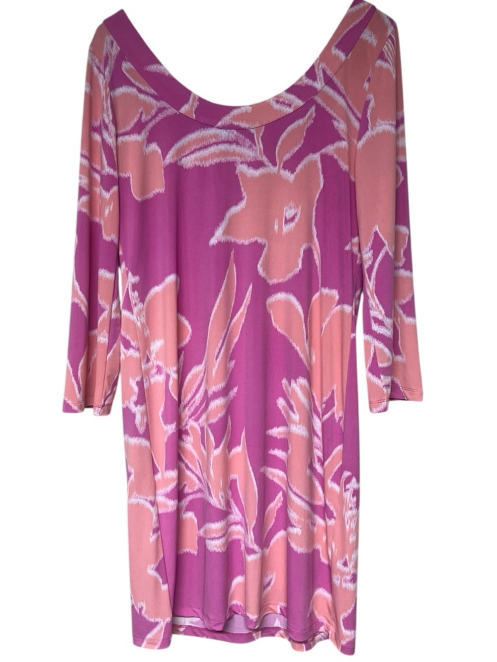 Tori Richard Honolulu pink & coral tropical floral 3/4 sleeve scoop neck dress - Picture 2 of 8